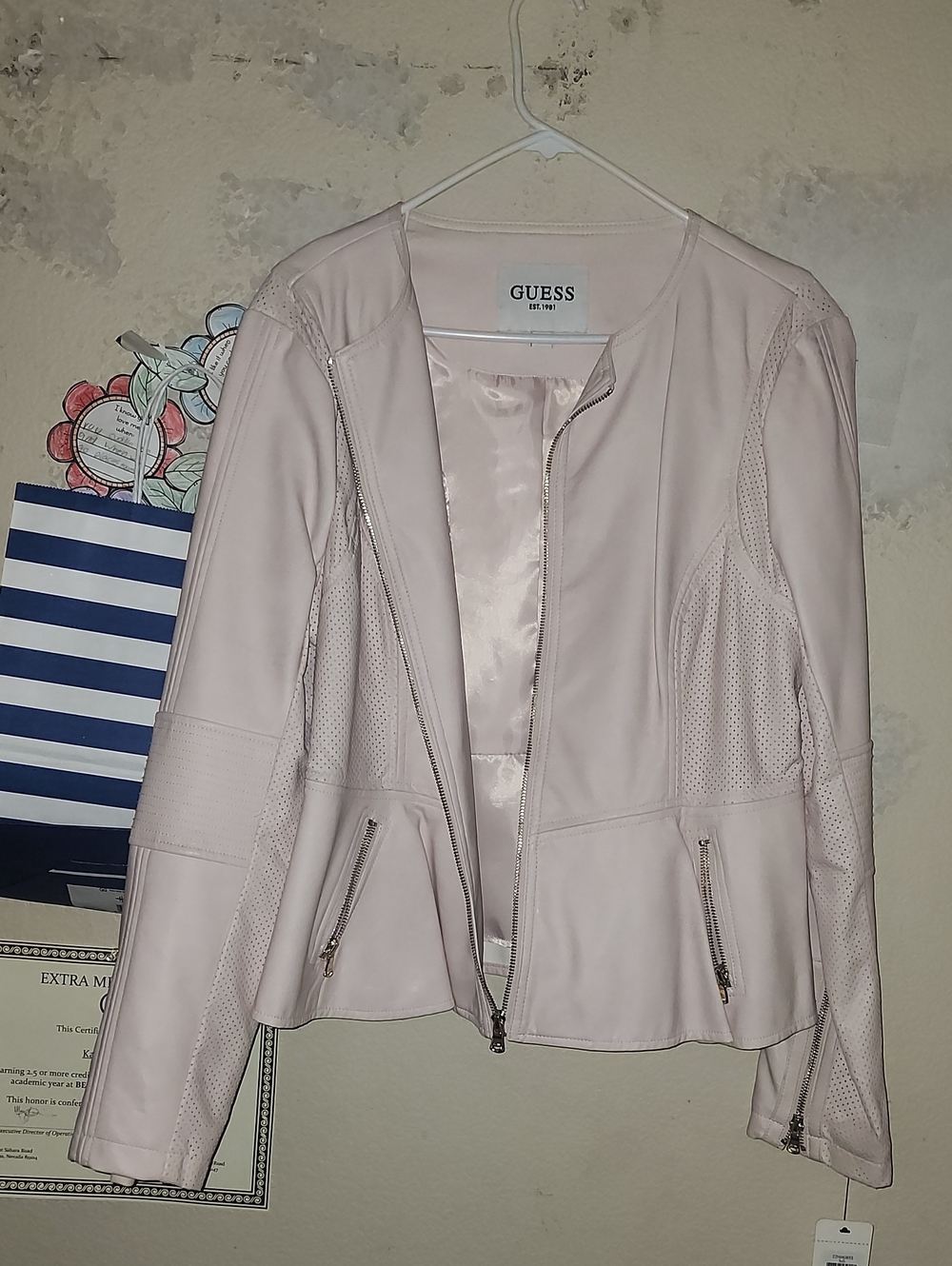 GUESS Pale Pink Perforated Leather Moto Jacket